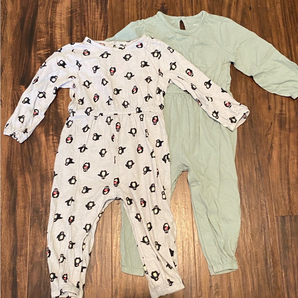 2 Old Navy Jumpsuit Rompers, Light Blue with Penguins & Sage